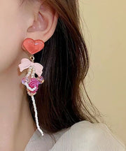 Cute Red Alloy Acrylic Resin Coloured Glaze Floral Tassel Drop Earrings