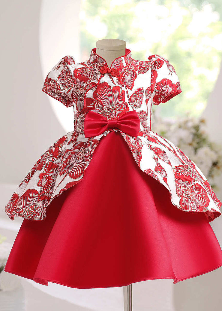 Cute Red Asymmetrical Print Bow Kids Maxi Dress Short Sleeve