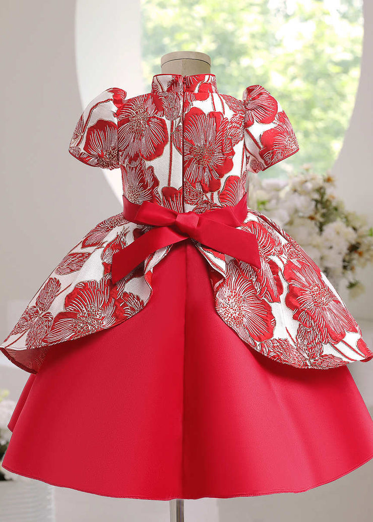 Cute Red Asymmetrical Print Bow Kids Maxi Dress Short Sleeve