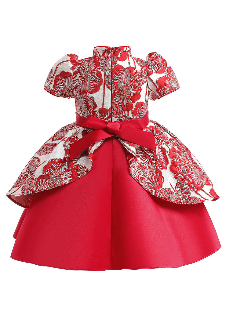 Cute Red Asymmetrical Print Bow Kids Maxi Dress Short Sleeve