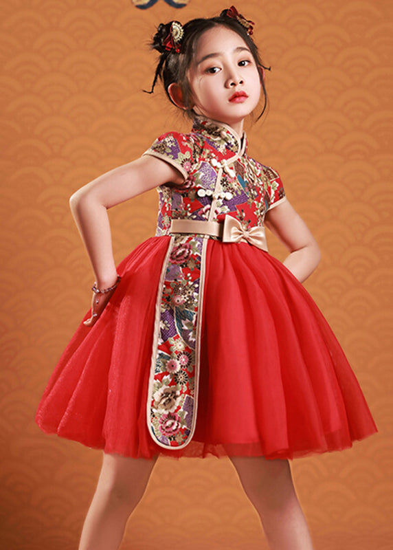 Cute Red Asymmetrical Print Tulle Patchwork Kids Mid Dresses Short Sleeve