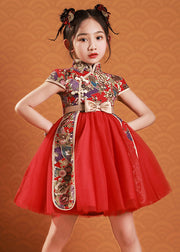 Cute Red Asymmetrical Print Tulle Patchwork Kids Mid Dresses Short Sleeve