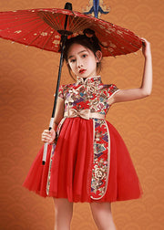 Cute Red Asymmetrical Print Tulle Patchwork Kids Mid Dresses Short Sleeve