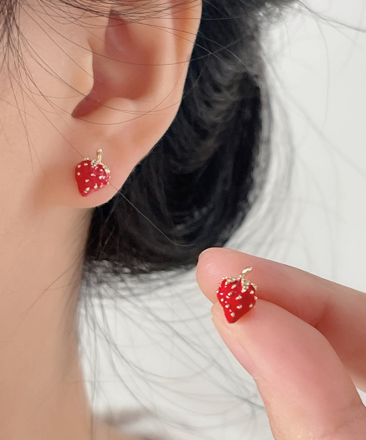 Cute Red Copper Overgild Strawberry Stud Earrings