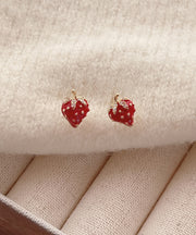 Cute Red Copper Overgild Strawberry Stud Earrings