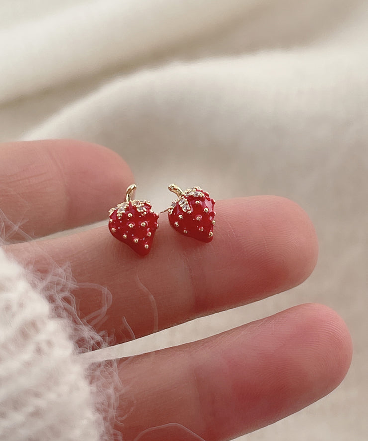 Cute Red Copper Overgild Strawberry Stud Earrings