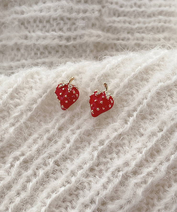 Cute Red Copper Overgild Strawberry Stud Earrings