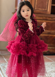 Cute Red O-Neck Sequins Patchwork Nail Bead Tulle Girls Maxi Dresses Fall