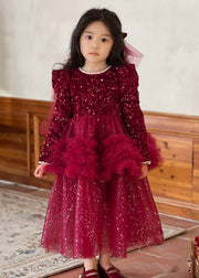 Cute Red O-Neck Sequins Patchwork Nail Bead Tulle Girls Maxi Dresses Fall