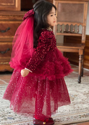 Cute Red O-Neck Sequins Patchwork Nail Bead Tulle Girls Maxi Dresses Fall