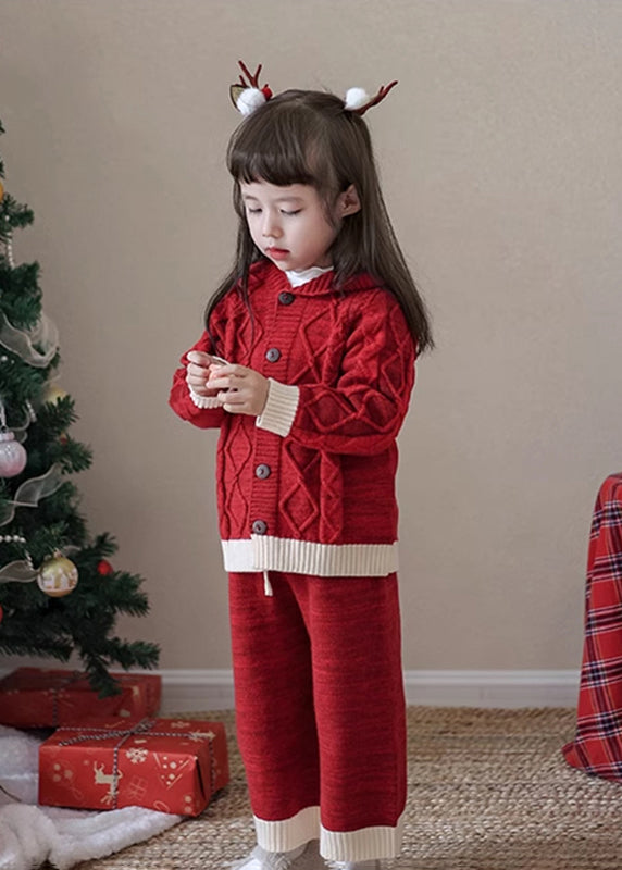 Cute Red Patchwork Cotton Knit Kids Cardigans And Crop Pants Two Piece Set Spring