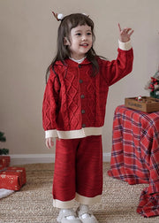 Cute Red Patchwork Cotton Knit Kids Cardigans And Crop Pants Two Piece Set Spring