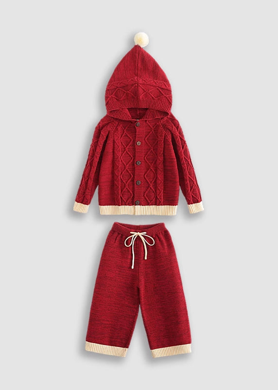 Cute Red Patchwork Cotton Knit Kids Cardigans And Crop Pants Two Piece Set Spring