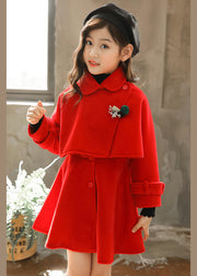 Cute Red Peter Pan Collar Button Girls Thick Two Piece Set Outfits Winter