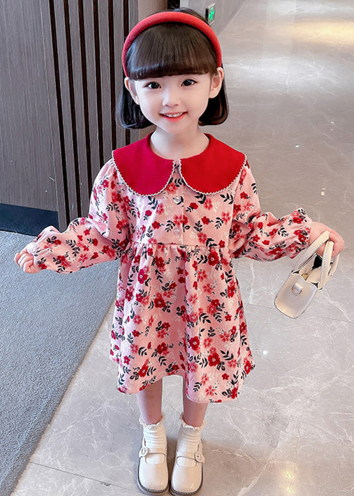 Cute Red Peter Pan Collar Print Cotton Girls Dresses Long Sleeve