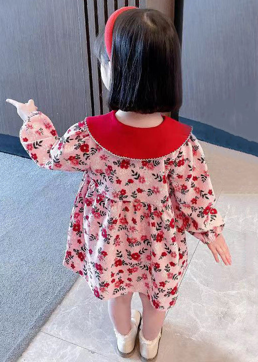 Cute Red Peter Pan Collar Print Cotton Girls Dresses Long Sleeve