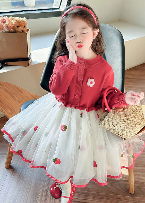 Cute Red Ruffled Tulle Patchwork Knit Girls Long Dress Fall