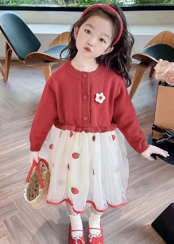 Cute Red Ruffled Tulle Patchwork Knit Girls Long Dress Fall