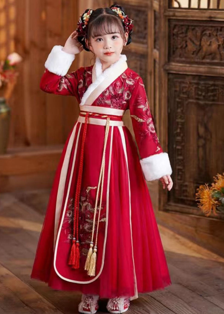 Cute Red Tie Waist Embroideried Patchwork Tulle Kids Maxi Dresses Long Sleeve