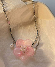 Cute Retro Pink Stainless Steel Pearl Floral Tassel Pendant Necklace