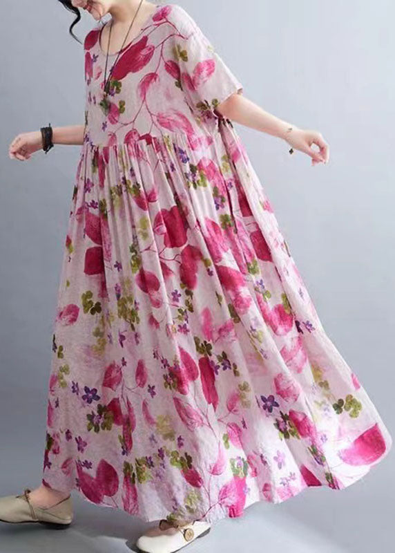 Cute Rose O-Neck Print Wrinkled Maxi Dresses Short Sleeve