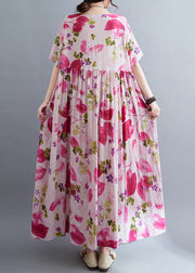 Cute Rose O-Neck Print Wrinkled Maxi Dresses Short Sleeve