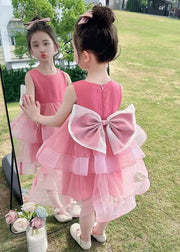 Cute Rose Zippered Bow Tulle Patchwork Girls Dresses Sleeveless