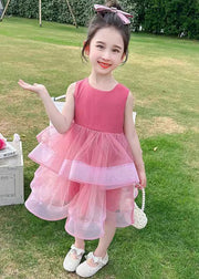 Cute Rose Zippered Bow Tulle Patchwork Girls Dresses Sleeveless