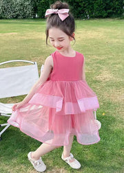 Cute Rose Zippered Bow Tulle Patchwork Girls Dresses Sleeveless