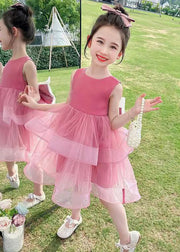 Cute Rose Zippered Bow Tulle Patchwork Girls Dresses Sleeveless