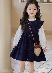 Cute Ruffled Patchwork Girls Long Dress And Shirts Two Pieces Set Puff Sleeve