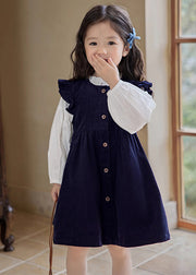 Cute Ruffled Patchwork Girls Long Dress And Shirts Two Pieces Set Puff Sleeve