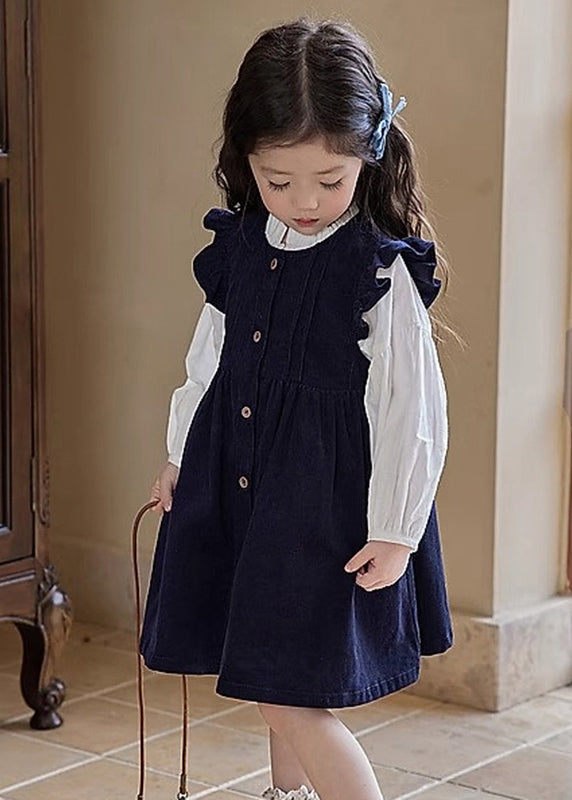 Cute Ruffled Patchwork Girls Long Dress And Shirts Two Pieces Set Puff Sleeve