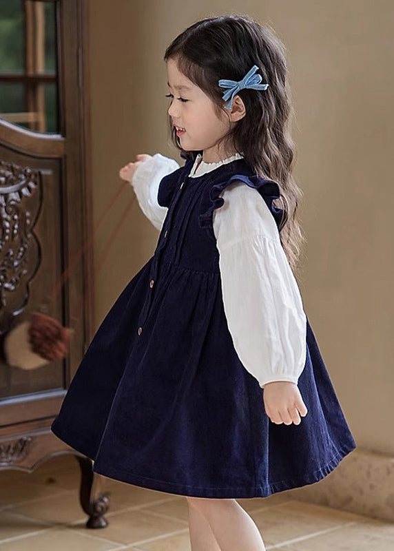 Cute Ruffled Patchwork Girls Long Dress And Shirts Two Pieces Set Puff Sleeve