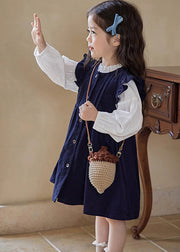 Cute Ruffled Patchwork Girls Long Dress And Shirts Two Pieces Set Puff Sleeve