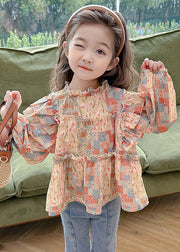 Cute Ruffled Print Cotton Girls Shirt Long Sleeve