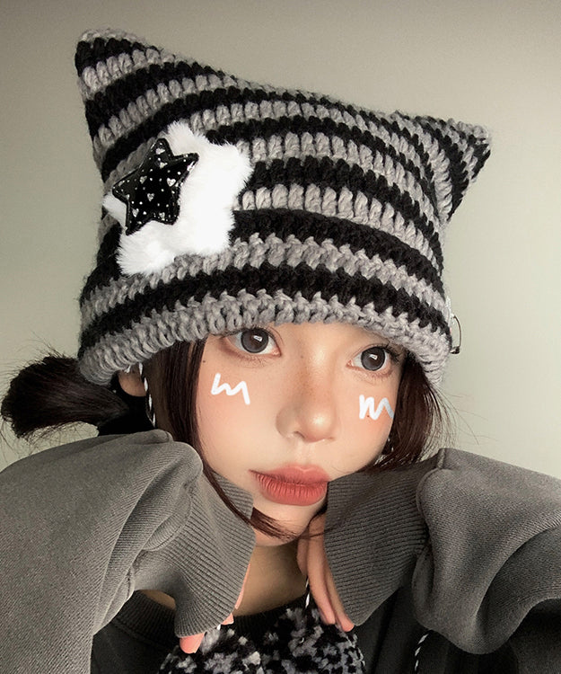 Cute Striped Knitted Cat Ear Boonie Hat Autumn And Winter