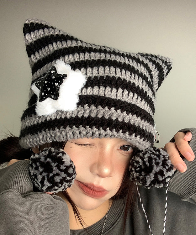 Cute Striped Knitted Cat Ear Boonie Hat Autumn And Spring