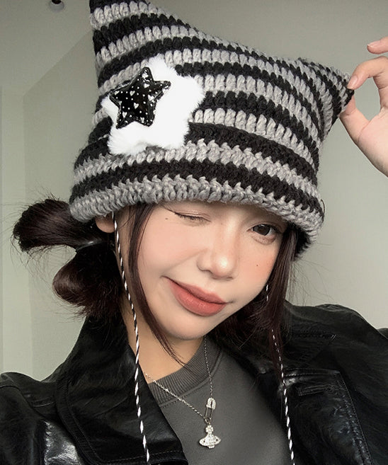 Cute Striped Knitted Cat Ear Boonie Hat Autumn And Winter