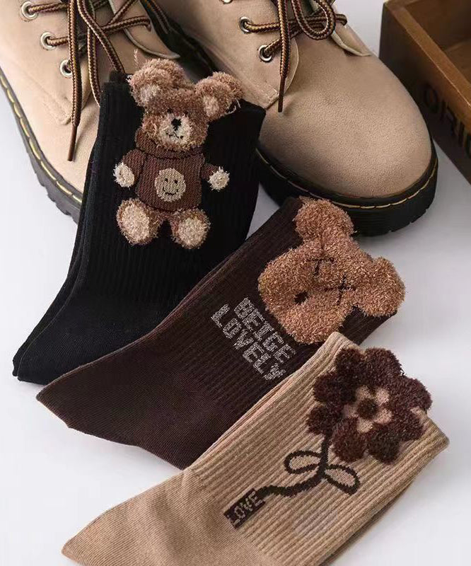 Cute Teddy Cartoon Jacquard Cotton Mid Calf Socks