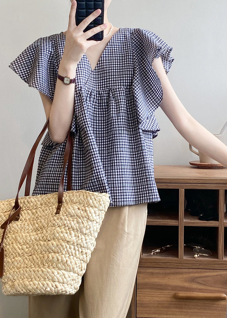 Cute V Neck Plaid Cotton Shirts Top Butterfly Sleeve