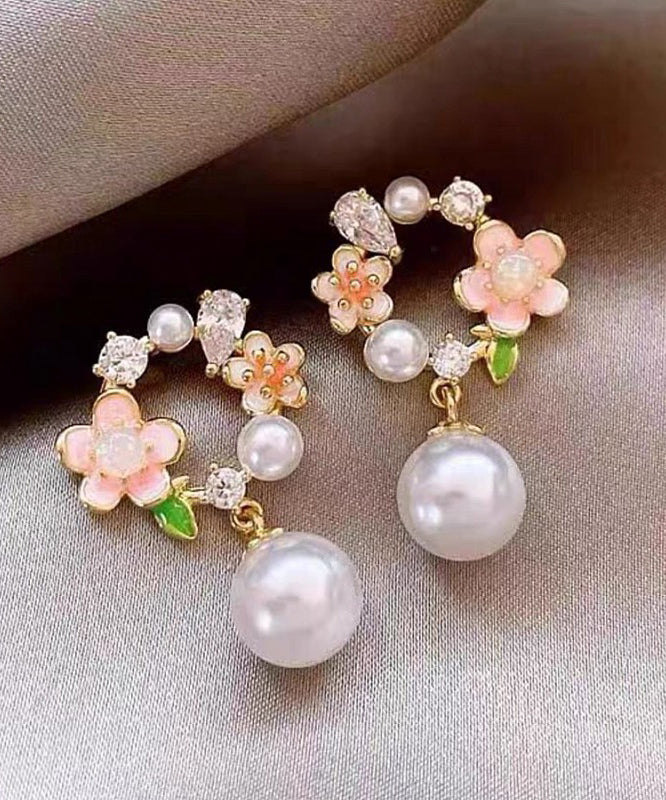 Cute White Copper Alloy Floral Pearl Drop Earrings