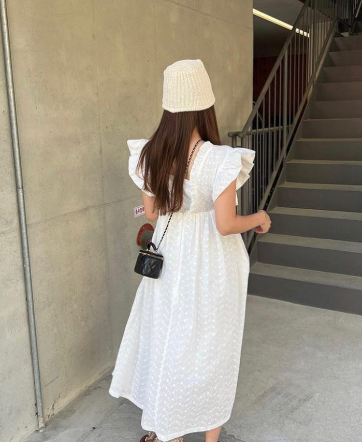 Cute White Dot Ruffled Cotton Holiday Dress Sleeveless