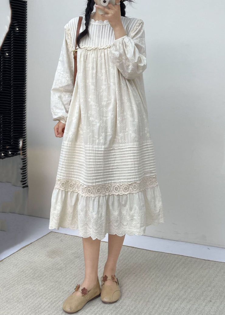 Cute White Embroidered Ruffled Patchwork Wrinkled Cotton Maxi Dress Long Slee