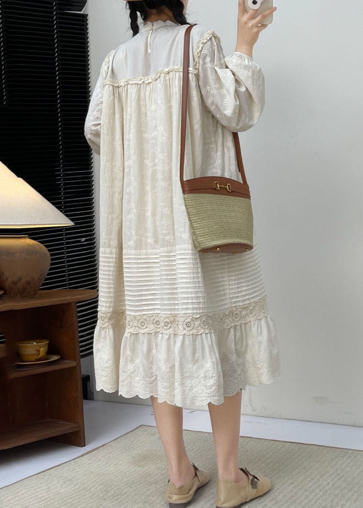 Cute White Embroidered Ruffled Patchwork Wrinkled Cotton Maxi Dress Long Slee