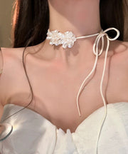 Cute White Leather Floral Bow Tie Lace Pendant Necklace