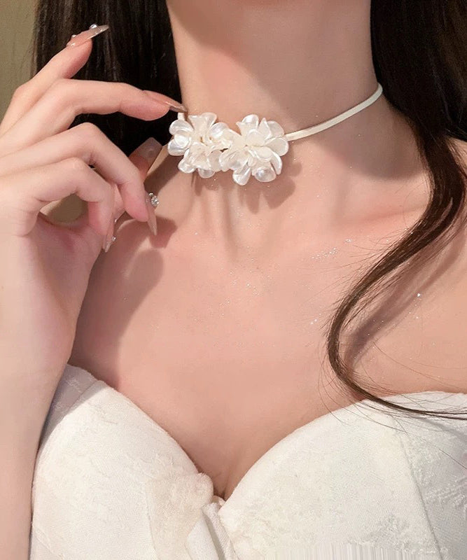 Cute White Leather Floral Bow Tie Lace Pendant Necklace