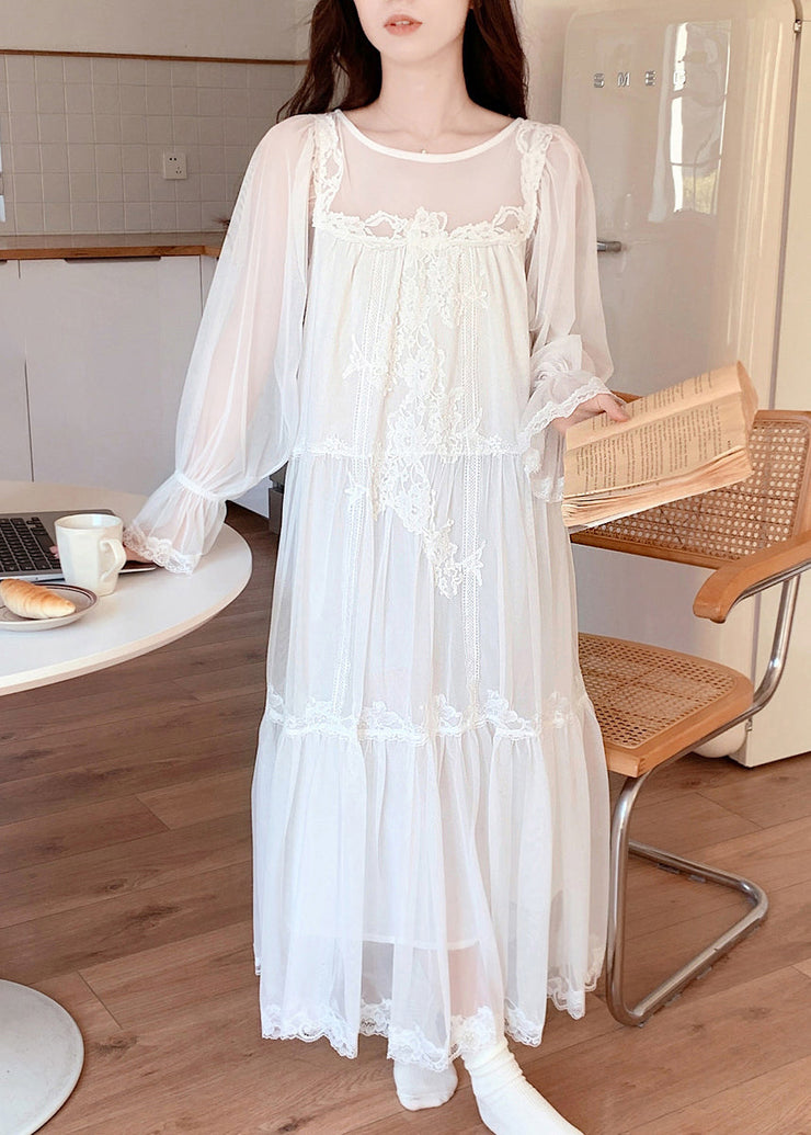 Cute White O-Neck Embroidered Floral Tulle Vacation Long Dresses Long Sleeve