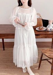 Cute White O-Neck Embroidered Floral Tulle Vacation Long Dresses Long Sleeve