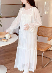 Cute White O-Neck Embroidered Floral Tulle Vacation Long Dresses Long Sleeve